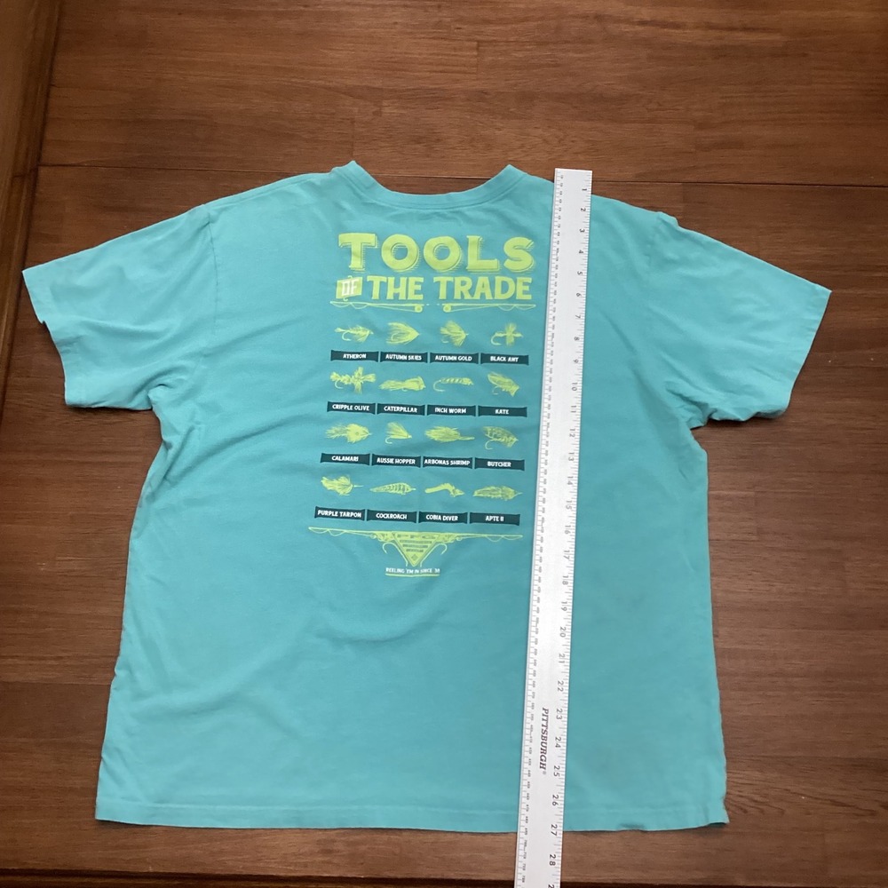 Columbia PFG Mens XL Teal Blue Tools of the Trade Fishing Lure Graphic T-Shirt - Picture 2 of 5